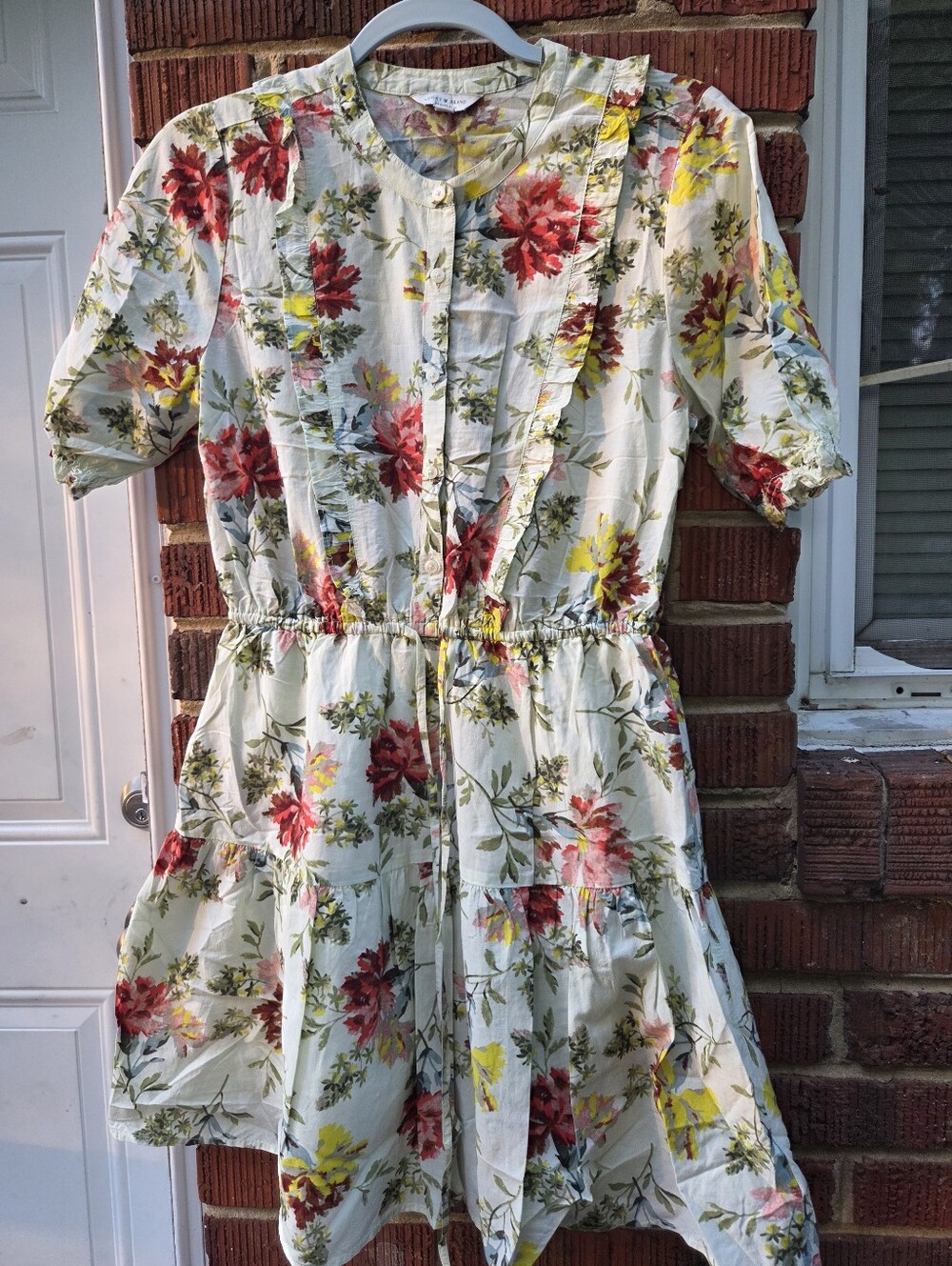 Women  Floral Ruffle Waist Dress - Cream with Red & Yellow Blooms